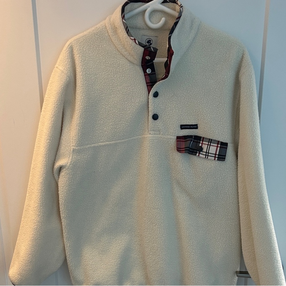 Southern Proper Cream Fleece with Red Plaid Trim